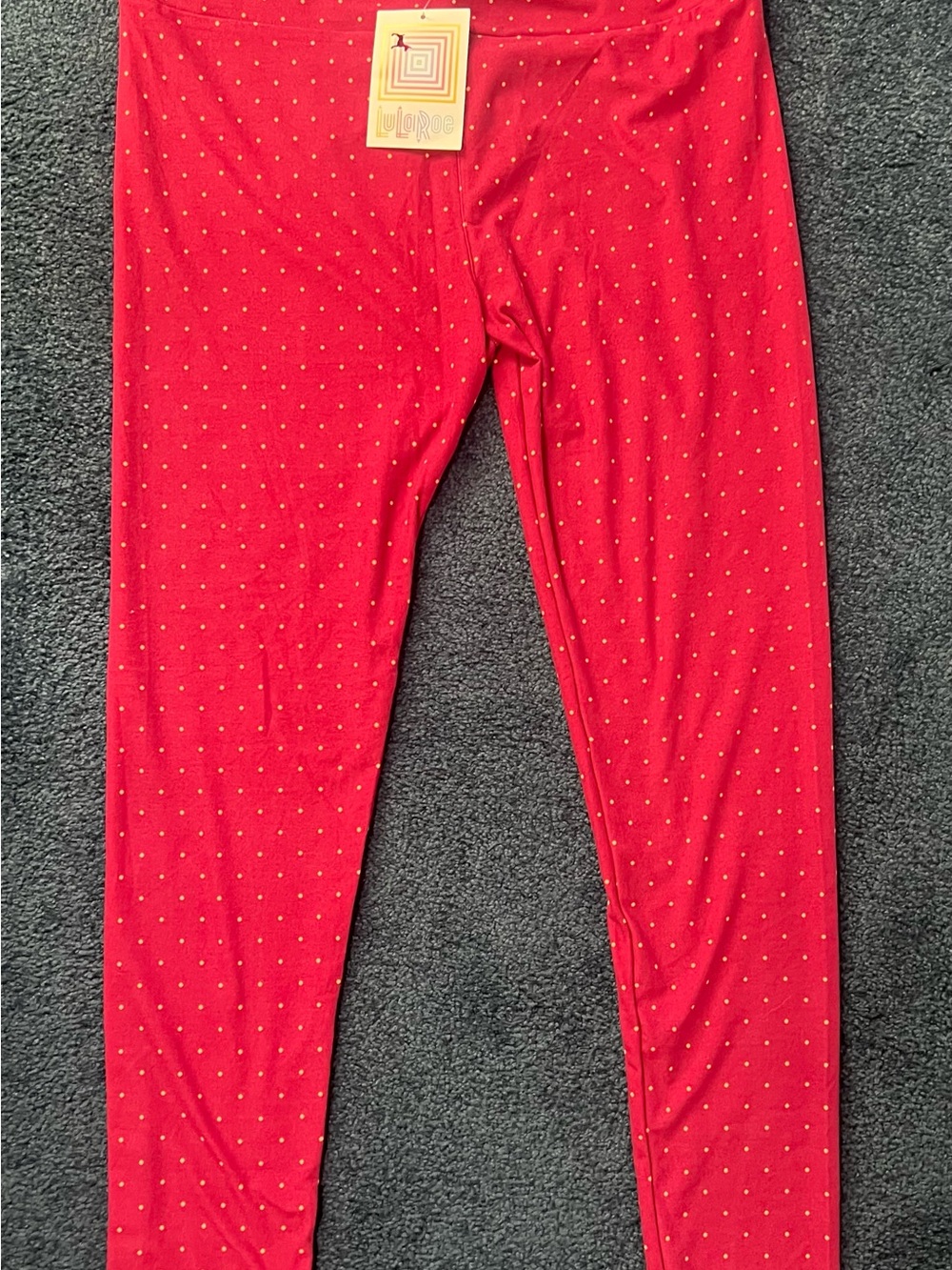 LuLaRoe Red Leggings with Gold Dot Print